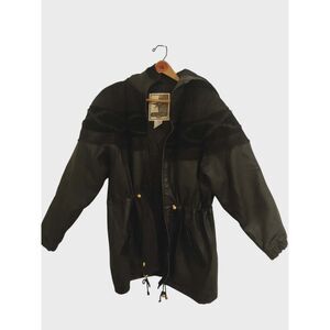 Vintage 90s Leather Oversized Cinched Waist Hooded Black Women L Jacket